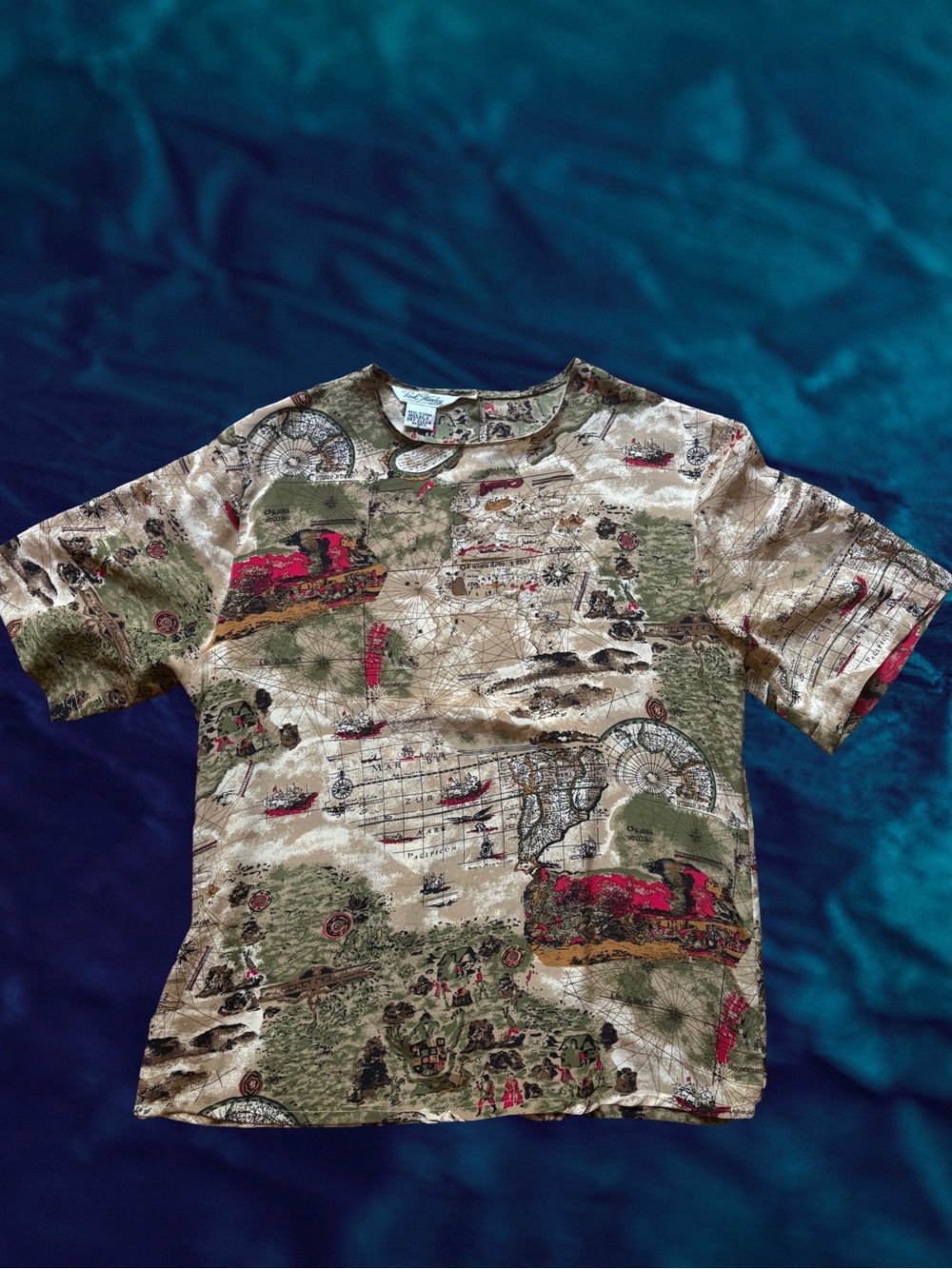 Vintage Paul Stanley Map Print 100% Silk Printed Short Sleeve Blouse ·Size 4
